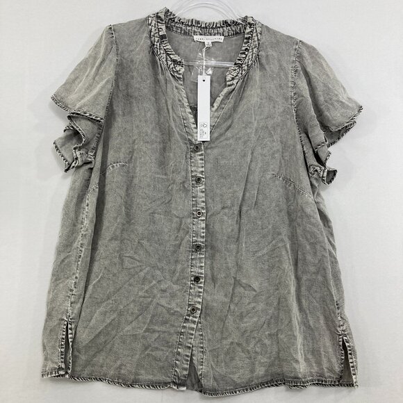 New Jane and Delancey size 1X Gray Acid Wash Flutter Sleeve Chambray Button Down - Picture 1 of 11